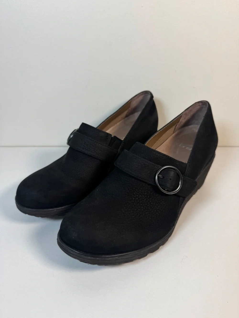 Dansko Clio Black Nubuck Leather Wedge Slip On Buckle Shoes | Size 39